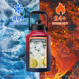 BUZIO One Gallon Water Bottle Insulated, (Cold for 48 Hrs) 128oz Water Jug Large Stainless Steel, 3.58in Big Wide Mouth Leak Proof Metal Flask with Carrying Sleeve for Camping,Gym,Travel, Black Red