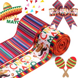 WGOCAUK 2 Rolls 12 Yards Cinco De Mayo Wired Edge Ribbons, 2.5inch Mexican Fiesta Burlap Ribbon, Colorful Stripe Serape Gift Ribbon for Mexican Party DIY Craft Wreaths Bow Decoration