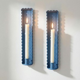 AimtoHome Blue Wall Candle Sconces Set of 2, Scalloped Edge Box-Shaped Cast Iron Farmhouse Church Holders for Taper Candles, Wall Mounted Rustic Candle Sconce for Living Room, Dining Room Decor