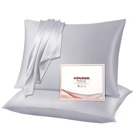 Adubor Silk Pillowcase 2 Pack for Hair and Skin with Hidden Zipper, Both Sides 23 Momme Silk Pillow Case (Silver Gray, Standard: 20''x26'')