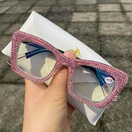 Oprah style Bling Rhinestone Square Reading Glasses For Women Shiny Diamond Blue Light Blocking Eyeglasses (pink, 1.75, x)