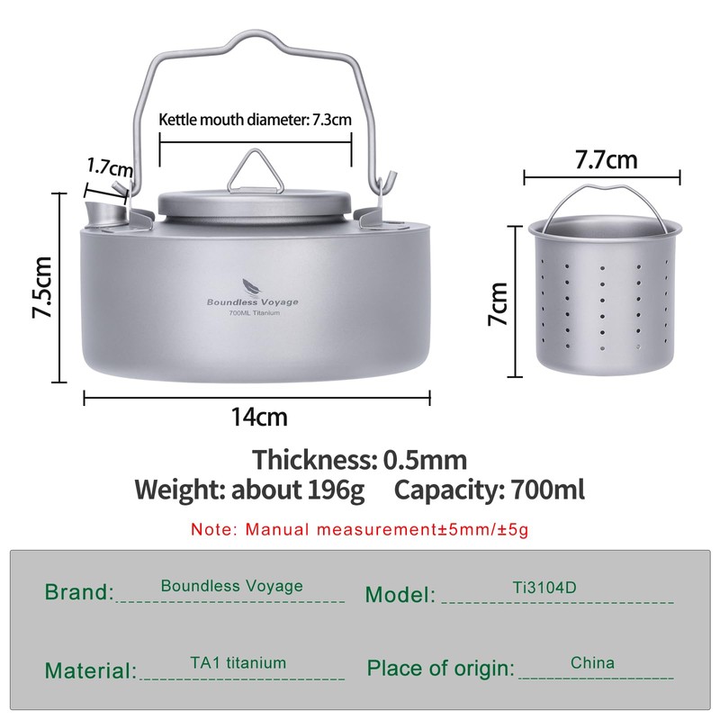 iBasingo 700ml Camping Titanium Kettle with Filter Ultralight Outdoor Coffee