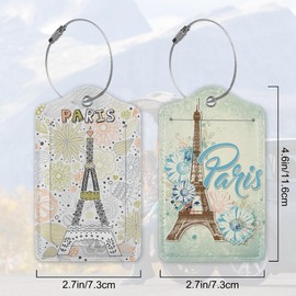2 Pack Funny Luggage Tags with for Suitcases, Vintage Eiffel Towe Paris PU Leather Luggage Tag Accessories Privacy Cover ID Label with Stainless Steel Loop for Travel Bag for Women Girls Teens
