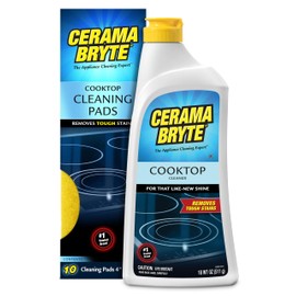 Cerama Bryte Glass Cooktop Cleaner Bundle with 10 Cleaning Pads for Removal of Tough Stains, Stovetop Cleaner for Glass - Ceramic Surfaces, 18 Ounces, 11 Piece