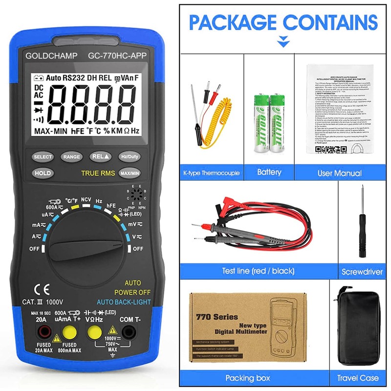 Digital Multimeter Voltmeter TRMS 6000 Counting AC/DC NCV 1000V 20A