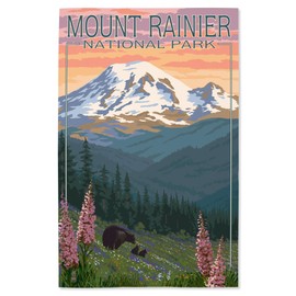Lantern Press 16x24 Inch Giclee Print, Mount Rainier National Park, Washington, Bear and Spring Flowers