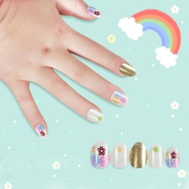 Kawyehu Kids Press on Nails Almond Children Fake Nails Artificial Nail Tips Adhesive Full Cover Short False Fingernails for Girls Kids Nail Decoration (Golden Flowers)