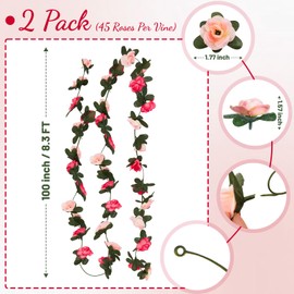 CHICNOOK 2 Pcs 16.5 Ft Flower Garland Rose Vines, Pink Rose Garland for Decoration, Flower Vine for Bed Room Table Birthday Wedding Party Garden Wall Decor