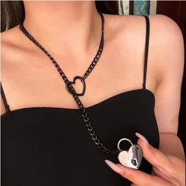 Heart O Ring Slip Chain Choker Necklace for Women Stainless Steel Cuban Chain Heart Y-shape Necklace Punk Rock Collar Necklace Adjustable Lariat Y Necklace Heart Locker With Key ﻿ (pink)