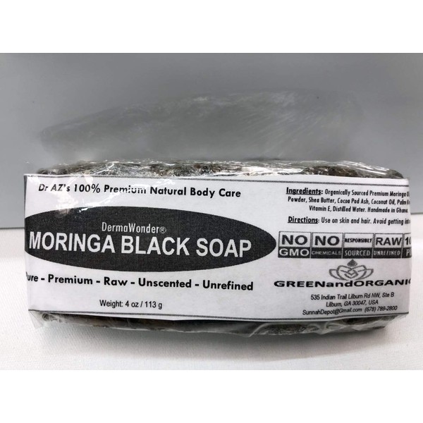GREENandORGANIC RAW African Moringa Black Soap 4oz Pure From Ghana Skin beauty AntiAcne Cleanser Bath Body Face Hair Scalp Eczema Premium Quality