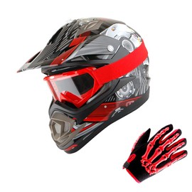 1Storm Adult Motocross Helmet Glove Goggle Bundle with MX Goggles and Skeleton Black Glove