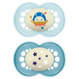 MAM Original Night Dummy for 16+ Months (Set of 2) MAM 16 Dummies for 36 Months, Silicone and Orthodontic, Glow in the Dark, Set of 2 Baby Accessories with Steriliser Dummy Holder, Light Blue/Blue