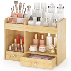 Wisuce Essentials Makeup Organizer with Drawers, Bamboo Countertop Cosmetic Storage for Dresser Vanity Organizer Beauty Desk Skincare Holders Container Make Up Organizing for Lipstick