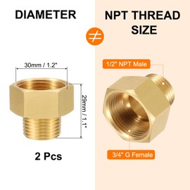 sourcing map 2Pcs Brass Pipe Fitting, 3/4" G Female × 1/2" NPT Male Brass Hex Nipple Pipe Fitting Connector, 3/4" to 1/2" Female Pipe Fitting Adapter with PTFE, Gold Tone