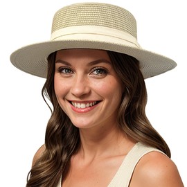 Lanzom UPF50+ Women Wide Brim Straw Panama Sun Hat Boater Summer Beach Sun Hat (Z-Beige)