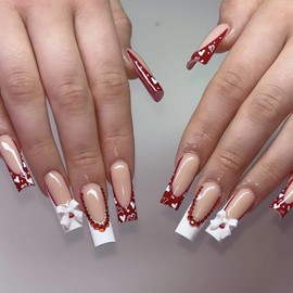 Valentines Day Heart Press on Nails French Tip Fake Nails Bow Rhinestone Designs Cute Acrylic Nails Long Square Glue on Nails Valentines False Nails Glossy Full Cover Artificial Nails for Women