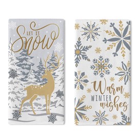 Croar Warm Winter Wishes Wonderland Gold Kitchen Dish Towels Set of 2, Golden Let It Snow Deer Snowflake Drying Hand Towels Baking Cooking Cloth, Christmas Pine Tree Home Kitchen Decoration 18 x 26 In