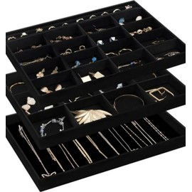 ProCase - Organizador de cajón apilable grande para joyas, paquete de 3 bandejas organizadoras de joyas de terciopelo con divisores removibles para aretes, collares, pulseras - Todo negro