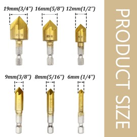 Ruidee 6 Pcs Countersink Drill Bits Set Hex Shank Wood Drilling Bits High Speed Steel Chamfering Drill Bit 5 Flute 90 Degree Center Punch Tool Quick Change Bit (LJZ-6)