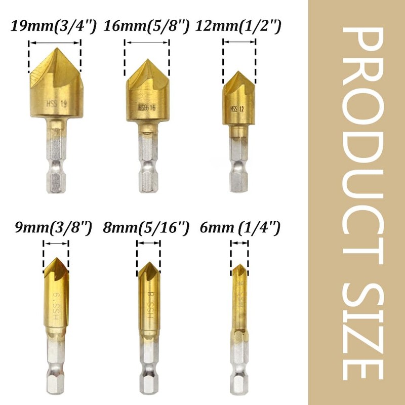 Ruidee 6 Pcs Countersink Drill Bits Set Hex Shank Wood
