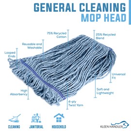 KLEEN HANDLER HEAVY DUTY Commercial Mop Head Replacement, Wet Industrial Cotton Looped End String Cleaning Mop Head Refill, Blue Mop, Universal Headband