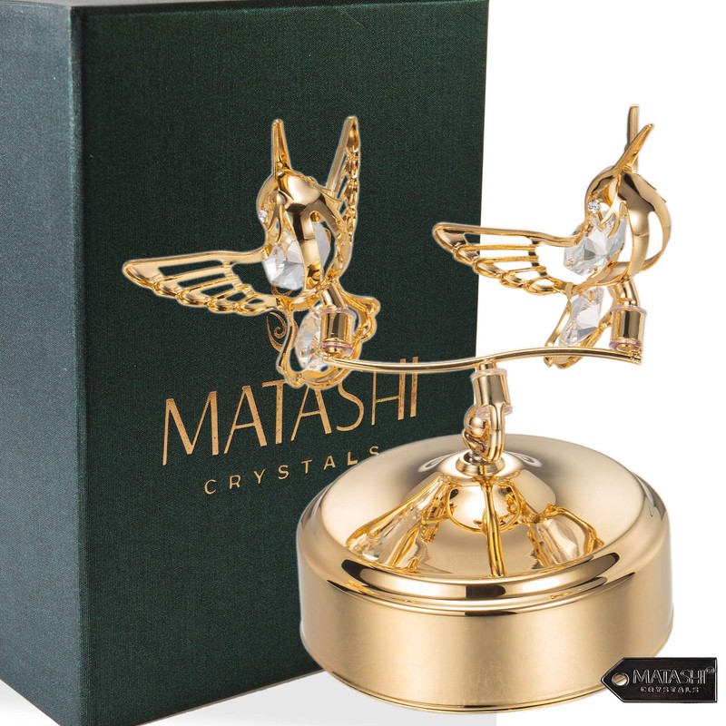 24K Gold Plated Music Box with Two Crystal Studded Hummingbirds