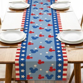 Seliem 4th of July Patriotic Table Runner, Blue Red Stars Polka Dot America Kitchen Dining Table Decor, American USA Burlap Home Decoration Indoor Outdoor Party Supply 13 x 36 Inch