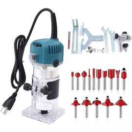 ele ELEOPTION Wood Router Tool, Compact Router Table with 15 Wood Router Bits, Trim Router Bits Woodworking Slotting Carving Trimmer 30000R/MIN