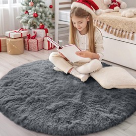 OLANLY Grey Round Rugs for Bedroom - Machine Washable, 4 ft Circle Area Rugs for Living Room, Soft and Fluffy Shaggy Carpet for Teen Girls and Boys, Nursery Rooms, Dorms, Home Decor Aesthetic