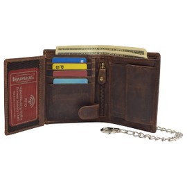 MARSHAL Men's Chain Biker Vintage Leather RFID Blocking European Style Bifold Trifold Wallet with ID Window (Brown With Chain)