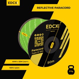 EdcX 4 mm Reflective Paracord 550 (15, 30, 50 m) – Tear-Resistant Parachute Cord for Survival Made of 100% Nylon, 4 mm Type III with 7 Wires (Reflective Neon Green, 50 m)