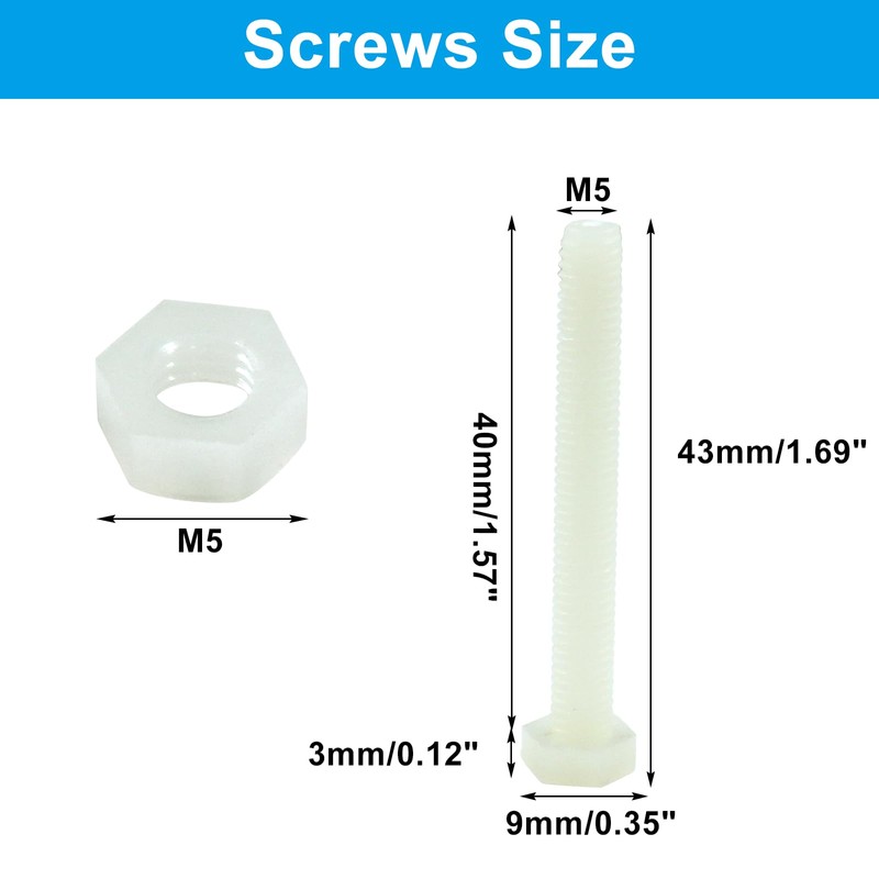 Piutouyar 20 Pair M5x40mm White Nylon Hex Bolts Plastic Hex