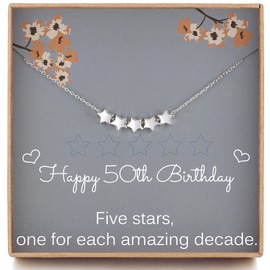 Pabenlily 50th Birthday Gifts for Women, Sterling Silver Five Star Necklace, Dainty Star Necklace, 6mm Star Beads, 1974 Birthday Jewellery Gifts for Her