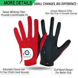 FINGER TEN Junior Kids Dura Feel White Blue Red Yellow Golf Gloves Extra Value 2 Pack (Medium Red, Right)
