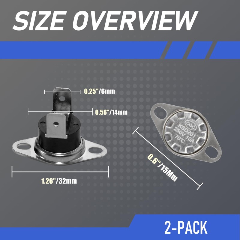 2-Pack KSD201 70-0°C Thermal Fuse Switch, Normally Closed Temperature Switch