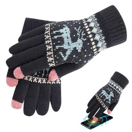 KARELLS Touchscreen Gloves, Women's Winter Gloves, Women's Mittens, Cotton Gloves, Knitted Gloves, Warm Gloves, Full Finger Screen Fawn Jacquard Gloves, Black