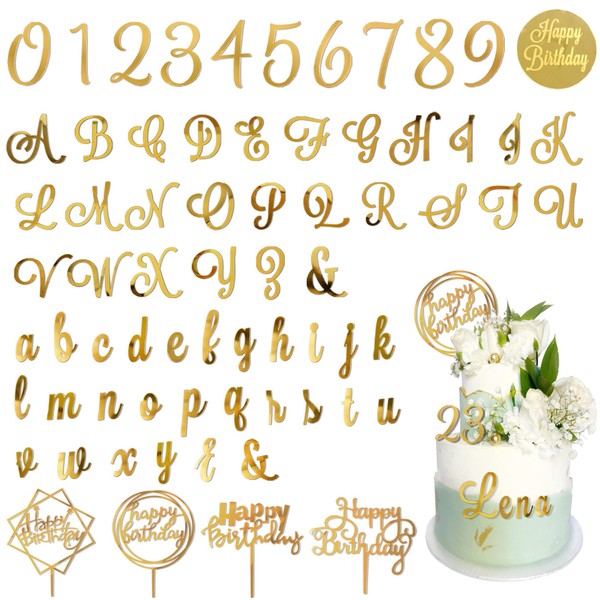 Decoración acrílica para tartas con números del alfabeto DIY con nombre personalizado para cupcakes con letra A-Z 0-9 números, juegos de feliz cumpleaños para decoraciones personalizadas de tartas de