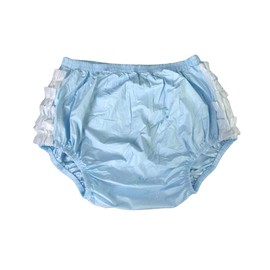Haian Adult Frilly Plastic Rumba Incontinence Pull-on Plastic Pants with White PVC Frilly (Large, Baby Blue)