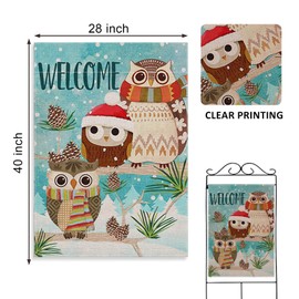 Covido Home Decorative Welcome Winter Owl Family House Flag, Animals Garden Yard Lawn Pine Tree Branches Pinecones Outside Decoration, Christmas Farmhouse Outdoor Large Burlap Decor Double Sided 28x40