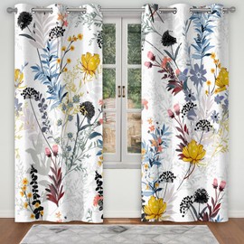 Renaiss Botanical Plants Blackout Curtains, Wild Flowers Plants Print Thermal Insulated Bedroom Window Curtains, Boho Floral Window Drapes for Living Room, 84" L x 42" W 2 Panel Set