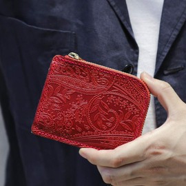 Vincent Craft, Tochigi Leather, Paisley, L-Shaped Zipper, Mini Wallet, FARIA Small Wallet, Women's, Men's, Compact Wallet (One Size, Red)