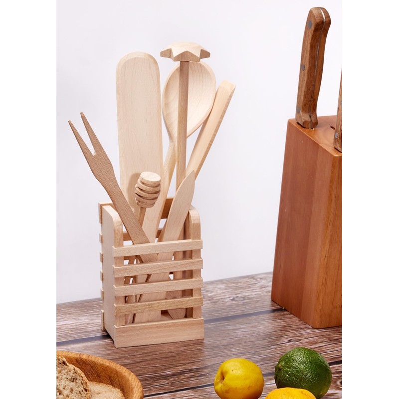 EVERYJOY Wooden Kitchen Utensils Set of 8 (Brown, Set 1)