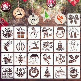 YEAJON 25Pcs Christmas Stencils 4x4 Inch for Painting on Wood Slice, Fabric, Paper, Windows, Cards, DIY Christmas Ornaments, Reusable Merry Christmas & Santa Drawing Templates