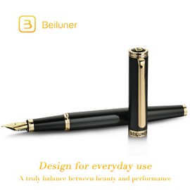 BEILUNER Black Fountain Pen,Stunning Luxury Pens with 24K Gold Accents, Gorgeous 24K Gilded Nib(Medium), Trustworthy Pen Gift for Men&Women -Ink Converter-Elegant, Reliable,Nice Pen for Writing