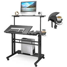 Mobile Standing Desk, Adjustable Rolling Computer Desk with 3 Desktops, Portable Laptop Table with Cup Holder, Home Office Laptop Workstation on Lockable Wheels, Black