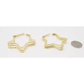 DESIGNER INSPIRED 2 in TEXTURED 3 GOLD STARS HOOP PIERCED OMEGA BACK EARRINGS