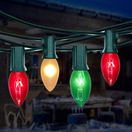 25Ft Christmas Lights Outdoor, C9 Multicolor Christmas Lights with 26 Red Green & White Incandescent Bulbs, Vintage String Lights for Holiday, Xmas, Roofline, Wedding- Green Wire