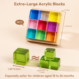 Woodtoe 9 PCS Large Rainbow Acrylic Blocks for Toddlers, Montessori Stacking Blocks Set, Clear Jumbo Acrylic Gem Blocks with Wooden Box, Educational Sensory Learning Toys for Baby Boys Girls 18M+