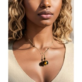 Jewboo Spiritual Yellow Tiger's Eye Stone Pendant Necklace 14k Gold Plated Ball Chain Necklaces for Women Trendy Choker Positive Energy Wealth Jewelry