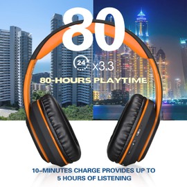WorWoder Wireless Headphones Over Ear, 80 Hours Playtime Bluetooth Headphones, Hi-Fi Stereo Sound with Microphone, Lightweight Headset with Deep Bass for Travel Work PC Cellphone（Black-Orange）
